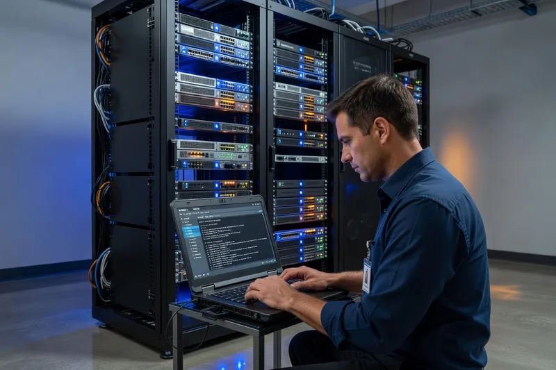 Un administrateur configure un hôte ESXi depuis un ordinateur portable en salle serveur.