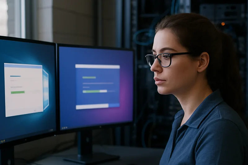 Technicienne devant deux écrans affichant une console de virtualisation et l'assistant d'installation de Windows 11