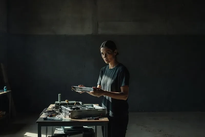 Ingénieure tenant une carte graphique au-dessus d'un serveur ouvert dans un atelier sombre