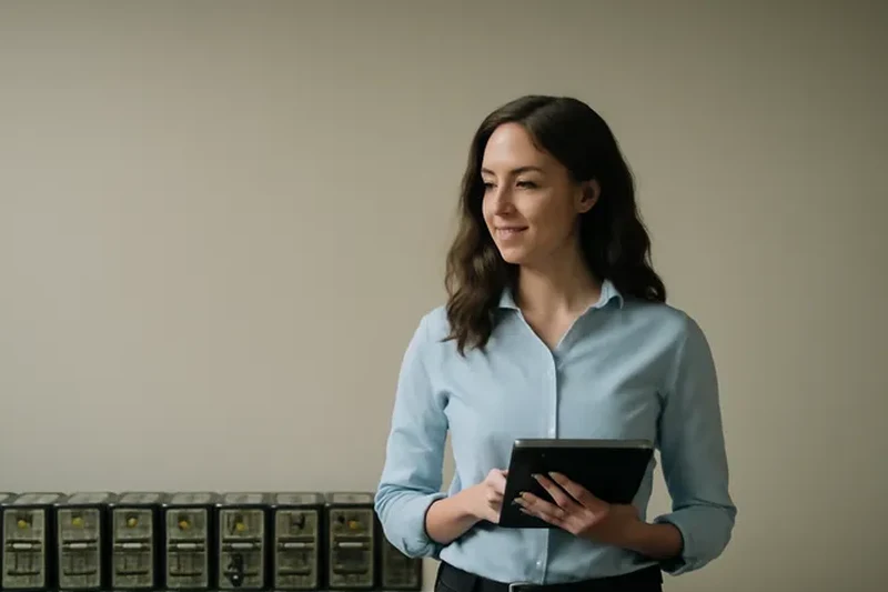 Technicienne avec une tablette à côté d'une rangée de petits serveurs identiques
