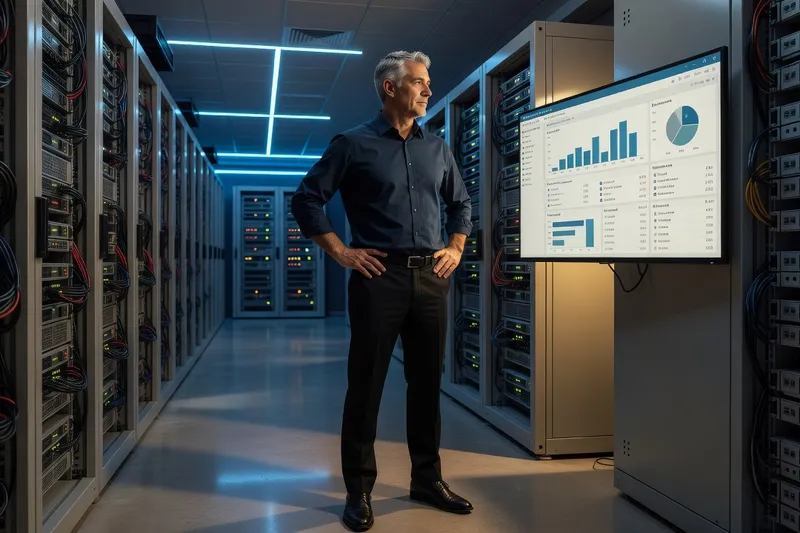Un administrateur expérimenté supervise un cluster vSphere depuis l'allée du datacenter.