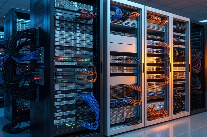 Deux baies de serveurs représentent la trajectoire d'une migration d'hyperviseur.