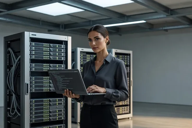 Ingénieure système consultant un terminal sur son ordinateur portable à côté de baies de serveurs