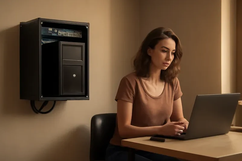 Administratrice système travaillant sur un ordinateur portable à côté d'une petite baie murale de homelab