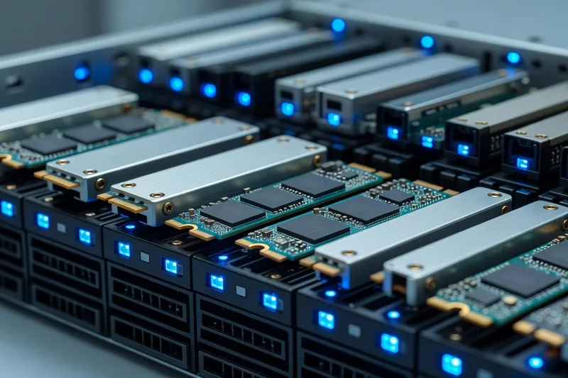 Des disques SSD et NVMe équipent un châssis de stockage hyperconvergé.