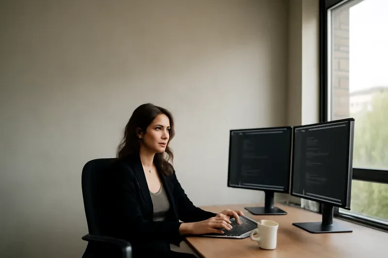 Développeuse devant deux écrans affichant des fenêtres de code sombres