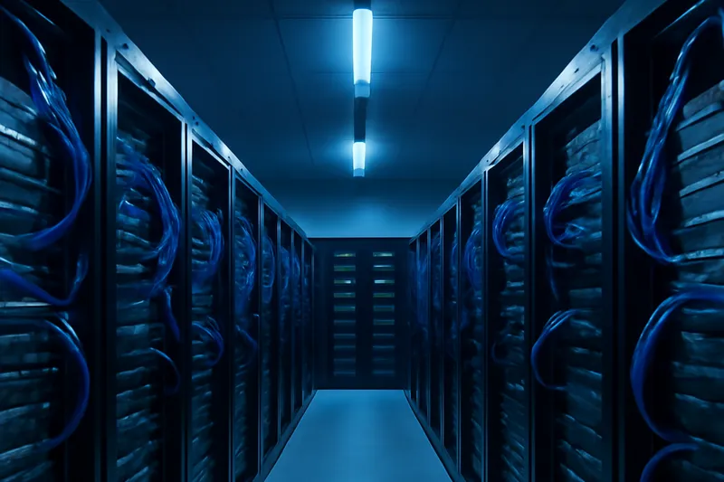 Une rangée de baies serveurs connectées illustre l'architecture d'un cluster vSphere.
